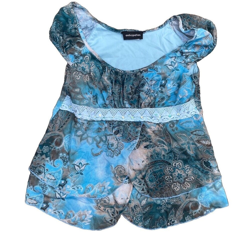 Anticipation Maternity Women's Maternity Short Sleeve Floral Blue Top Sz Medium